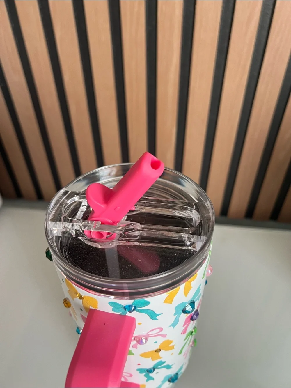 Kids Bow Print Travel Mug with Pink Handle